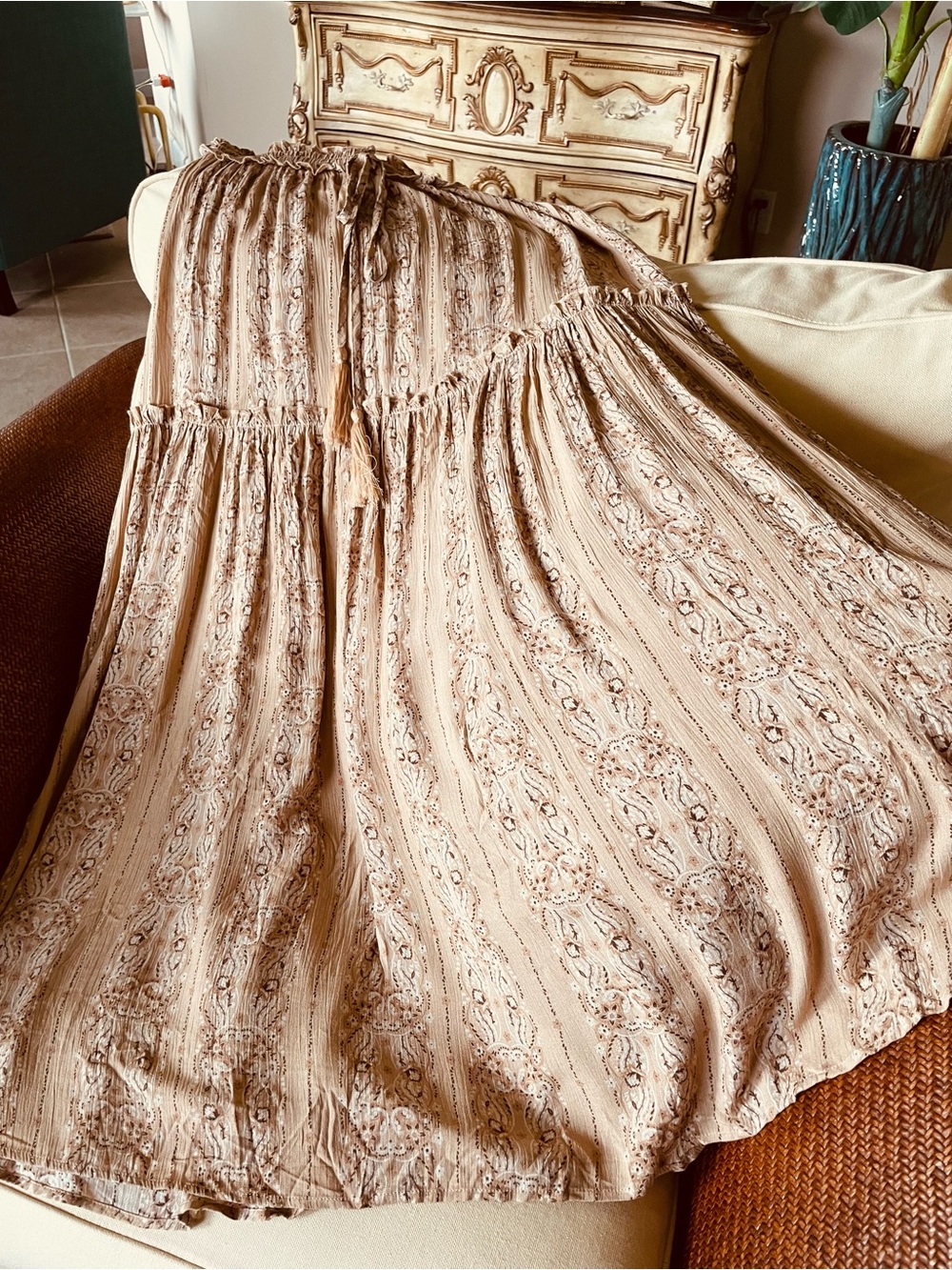 Bohemian Tiered Long Skirt in Light Beige Paisley Rayon Ruffled Tassels Sm